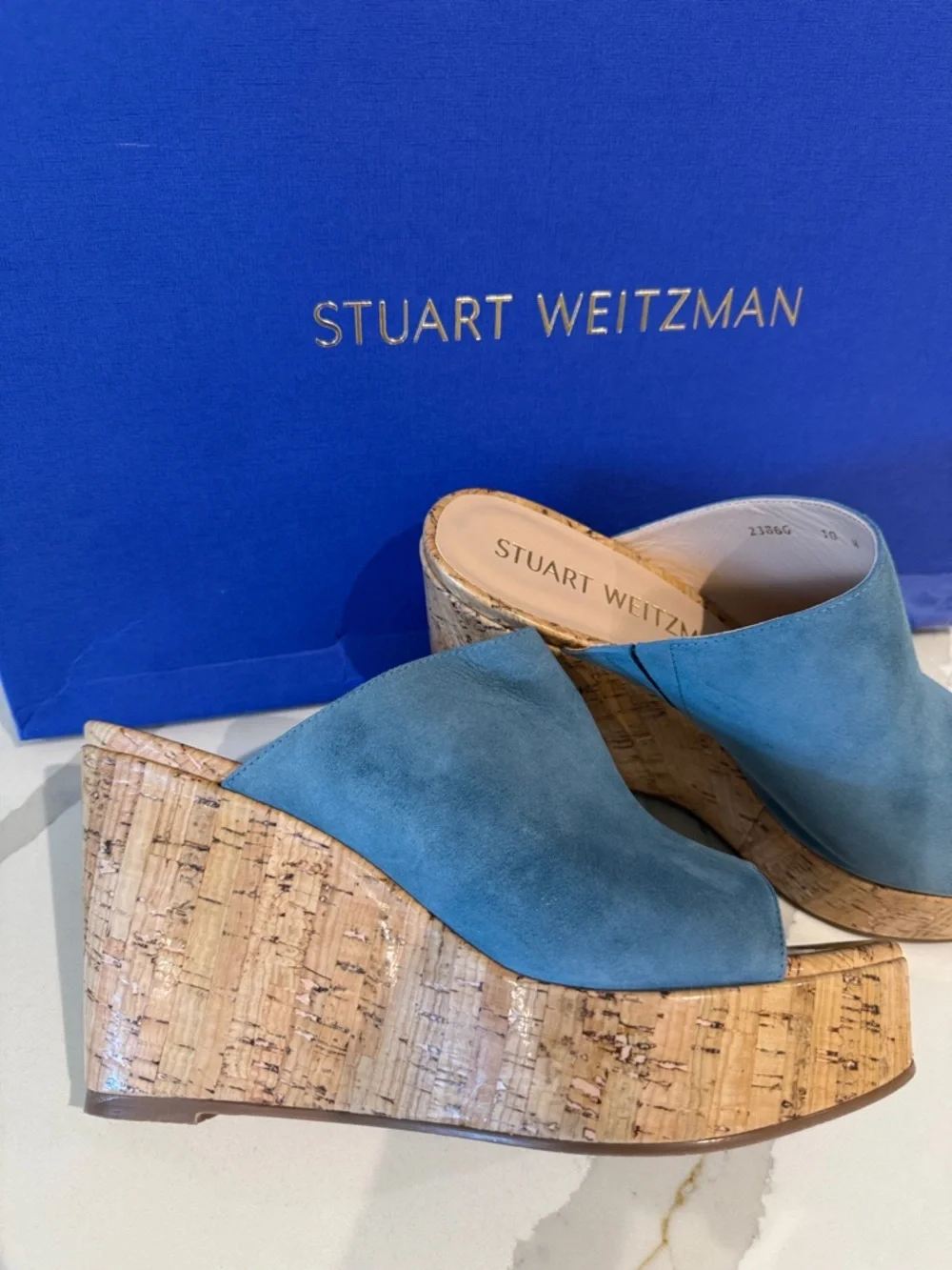 Stuart Weitzman Teal Blue Suede Cork Wedge Mules 10